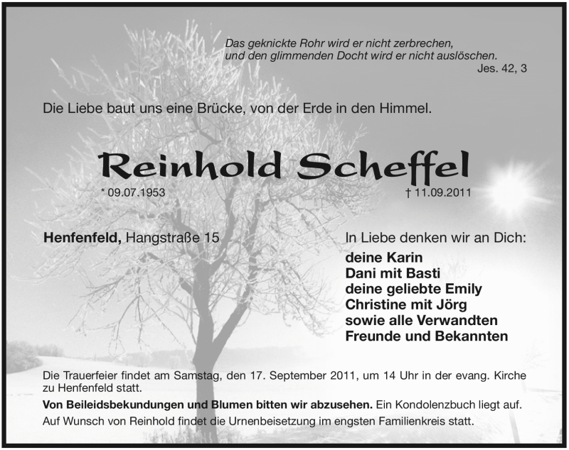  Traueranzeige für Reinhold Scheffel vom 15.09.2011 aus Pegnitz-Zeitung